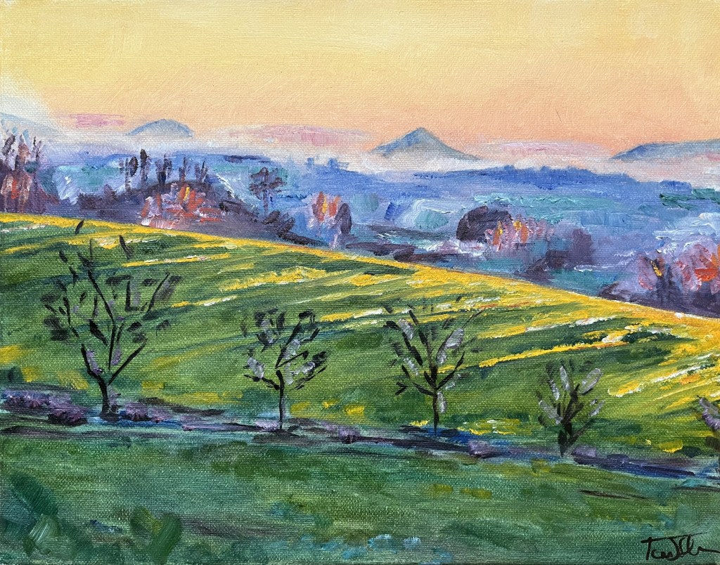 Herefordshire Fields at Sunset, oil on&nbsp;canvas